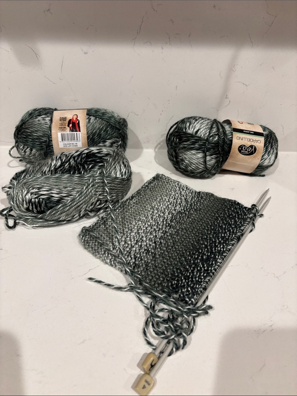 Lion Brand Carole Land Gray Marled Yarn with Knitting Project